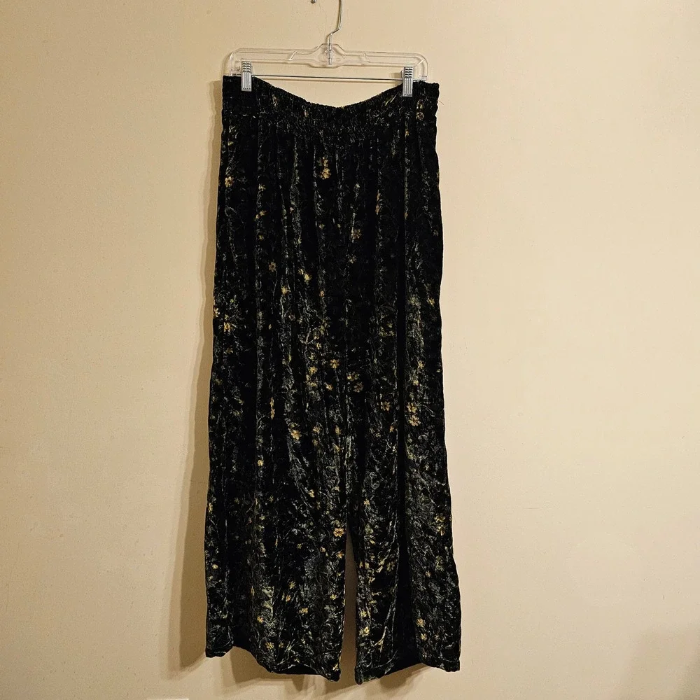 Anthropologie Somerset Velvet Pull-On Pants Wide Leg 1X Floral Velvet Elastic - Picture 1 of 6